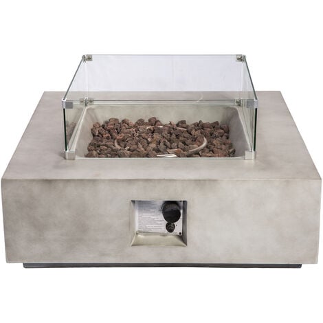 Teamson Home Draussen Garten Beton Propangas Feuerstelle Tischbrenner, Rauchfreie Feuerstelle, Terrassenmöbelheizung mit Glasscheibe, Lavasteinen, Abdeckung