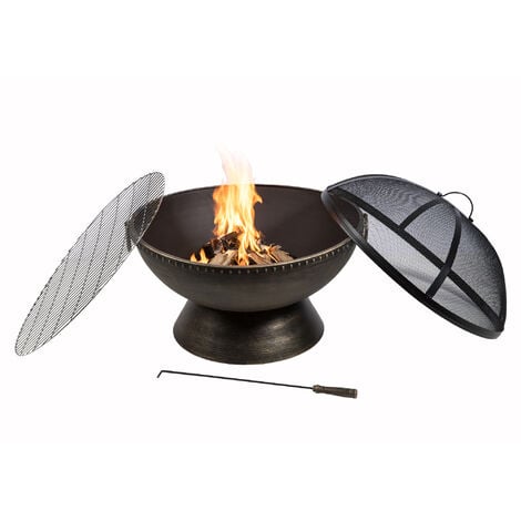 Teamson Home Garden Large Wood Burning Fire Pit, Outdoor Furniture Chimenea, Firepit Heater, Metal Fire Bowl Log Burner with Poker & Lid, Metallic