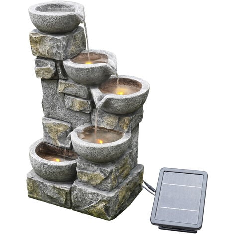 Teamson Home Garden & Outdoor Solarbetriebenes Wasserspiel mit Lichtern, kaskadierendem Springbrunnen, 4-stufiger Schüssel mit Wasserfall-Dekoration und Batterie-Backup