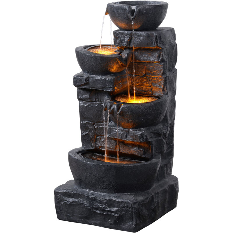 Garden Outdoor Water Feature 4 Tier Cascading Bowl Water Fountain With Warm led Lights Dark Grey - Teamson Home