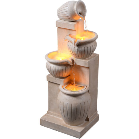 Teamson Home Garden Outdoor Water Feature Solar Powered 4-Tier Cascading Bowl Water Fountain With LED Lights Natural Finish