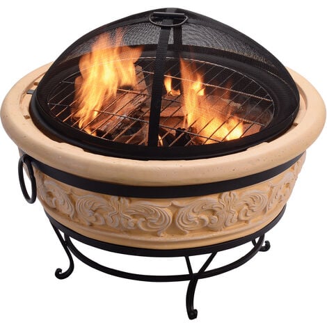 Teamson Home Garden Round Wood Burning Fire Pit, Outdoor Furniture Chimenea, Firepit Heater, Fire Bowl Log Burner with Poker, Grill & Lid, Natural