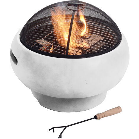 Teamson Home Garden Small, Round Wood Burning Fire Pit, Outdoor Furniture Chimenea, Firepit Heater, Fire Bowl Log Burner with Poker, Grill & Lid, Grey - Light Grey