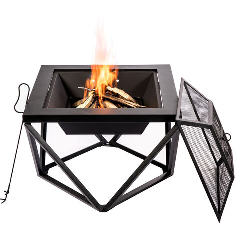 Teamson Home Garten Gro�e Holzbefeuerte Feuerstelle, Gartenm�bel, Kaminofen, Feuerstellenheizung, Holzbrenner aus Metall mit Sch�rhaken und Deckel, schwarz geometrisch