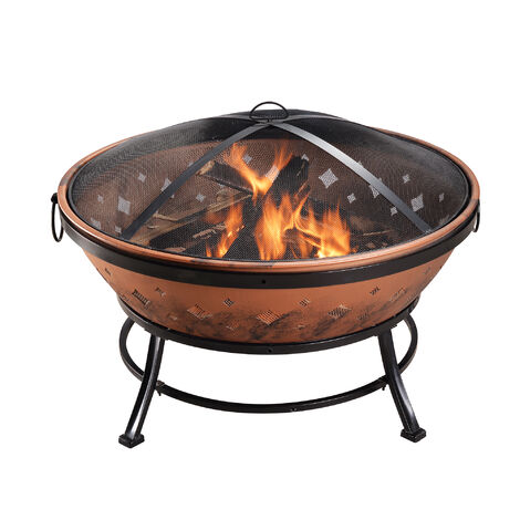 Teamson Home Große 86 cm Runde Holzbefeuerte Feuerstelle, Draussen-Gartenmöbel, Kaminofen, Feuerstellenheizung, Holzofen-Feuerschale mit Deckel und Schürhaken