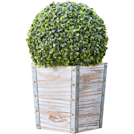 Teamson Home Indoor Outdoor Garden Solar Light Decor, Pre Lit Automatic Artificial Faux Round Topiary Shrub Bush with Rustic Wooden Plant Pot