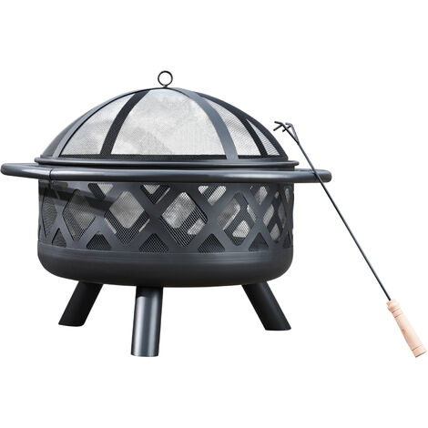 Teamson Home Jardín 76cm Brasero de Leña Grande, Hoguera para Leña Al Aire Libre, Meubles De Exterior, Chimenea, Calentador De Hoguera, Quemador de Leña , Metal con Tapa y Atizador - Negro