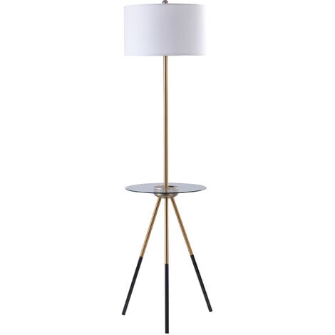 Teamson Home Myra Tripod Floor Lamp with Built-in USB Port & Glass Table, Tall Standing Light with White Drum Shade, Modern Lighting for Living Room