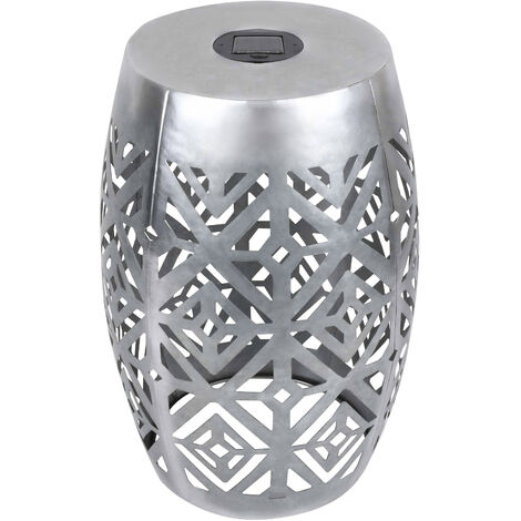 Teamson Home Outdoor Garden Decor 2 In 1 Round Large Solar Powered Lantern LED Floor Patio Light & Side Table Stand with Cut Out Design, Silver - Silver