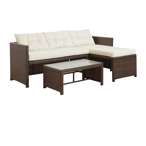 Teamson Home Outdoor Garden Furniture, 3-Piece Rattan Wicker Patio Sectional Sofa Set with Loveseat, Chaise Lounge, Table, and Cushions, Brown/Cream - White/Brown