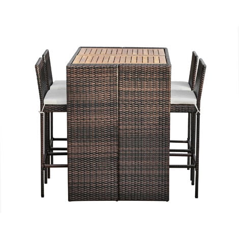 Teamson Home Outdoor Garden High Bar Dining Table & Chair Set, 5 Piece Rattan Table & Chair Set, Wooden Tabletop, Brown