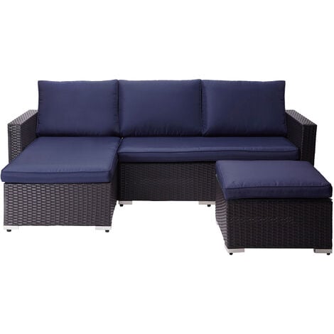 Teamson Home Outdoor Garden Lounge Set, 3 Piece Rattan Garden Furniture Set, Garden Sofa, Chaise Lounge, Tempered Glass Tabletop - Brown/Blue - 201 x 72 x 68 (cm)