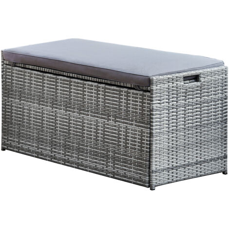 Teamson Home Outdoor Garden Patio Furniture, 2 In 1 Rattan 336 Litre Large Storage Box & Bench Seat with Grey Cushion, Weather-Resistant, Grey - Grey