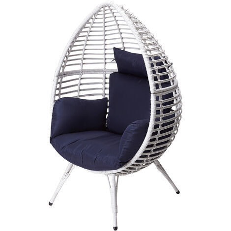 Teamson Home Outdoor Garden Patio Furniture, Large Rattan Wicker Freestanding Egg Chair with Cushion, Indoor Teardrop Lounge Seat, Blue/White - White