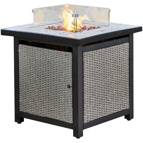 Teamson Home Outdoor Garden Rattan Propane Gas Fire Pit Table Burner, Smokeless Firepit, Patio Furniture Heater with Glass Screen, Lava Rocks & Cover