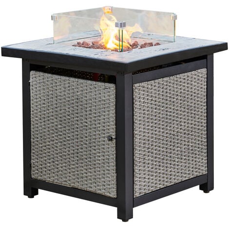 Teamson Home Outdoor Garden Rattan Propane Gas Fire Pit Table Burner, Smokeless Firepit, Patio Furniture Heater with Glass Screen, Lava Rocks & Cover - Grey