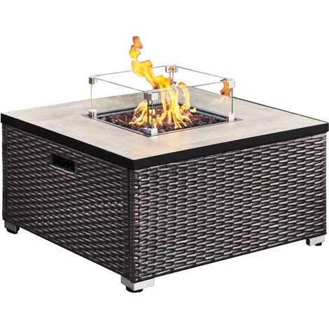 Teamson Home Outdoor Garden Rattan Propane Gas Fire Pit Table Burner, Smokeless Firepit, Patio Furniture Heater with Lid, Screen, Lava Rocks & Cover