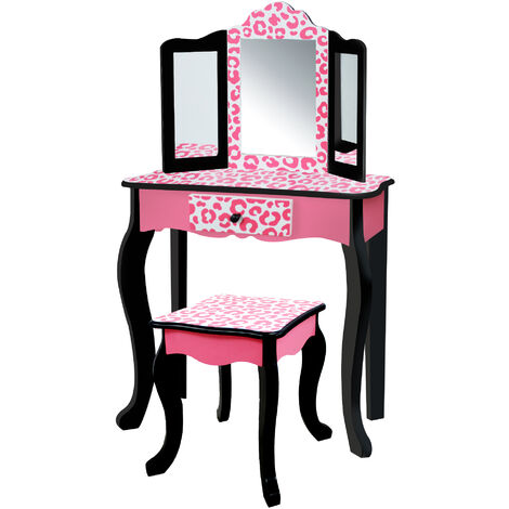 Teamson Kids Leopard Prints Wooden 2-pc. Play Vanity Set, Black/Pink