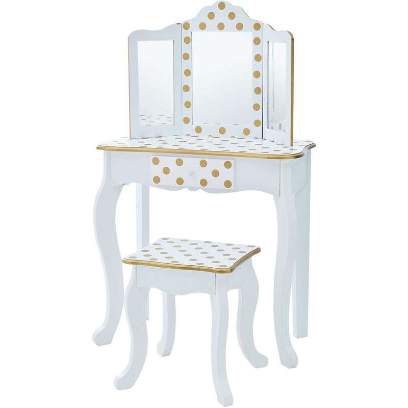 Gisele Kids Dressing Table Vanity Table With Mirror & Stool White Gold Polka Dots TD-11670M - Fantasy Fields