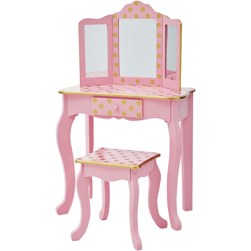 Gisele Kids Dressing Tables Vanity Table With Mirror & Stool Pink Rose Gold Polka Dot TD-11670L - Fantasy Fields