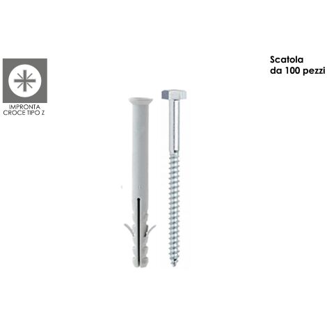 Tecfi 100 tasselli in nylon prolungato 10x160 con due alette vite TPS a legno impronta a croce tipo Z