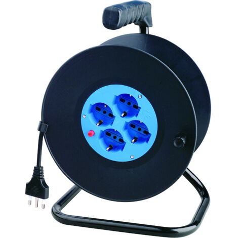 TECHLY Avvolgicavo Nero da 25 metri con 4 prese bipasso/schuko, lunghezza 25 metri