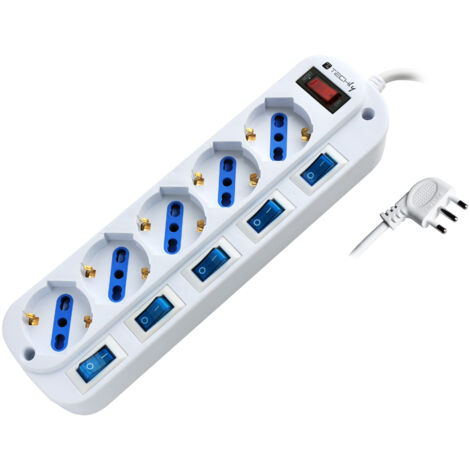 Techly Multipresa 5 Posti Bipasso con Interruttori indipendenti e protezione da sovraccarico