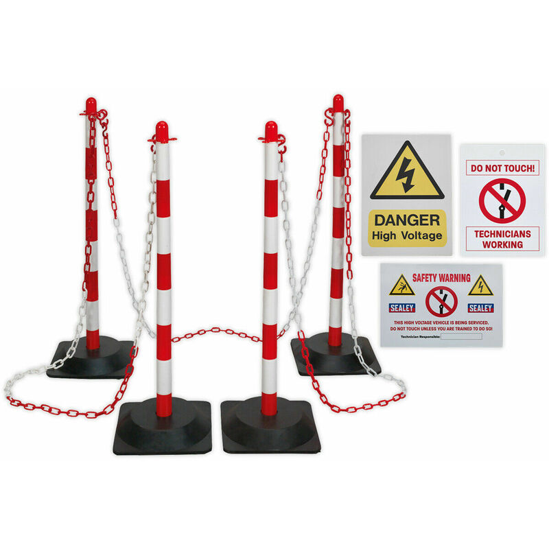 Loops - Technicians Exclusion Zone Kit - 25m Red & White Post Chain Kit - Warning Signs