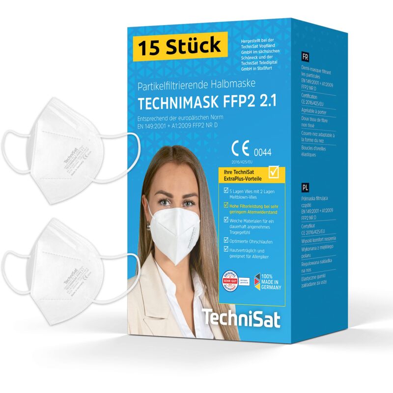 Image of TechniSat TECHNIMASK 2.1 – 15 mascherine FFP2 prodotte in Germania (certificate CE, dolomiti, a 5 strati con tessuto non tessuto di alta qualità,