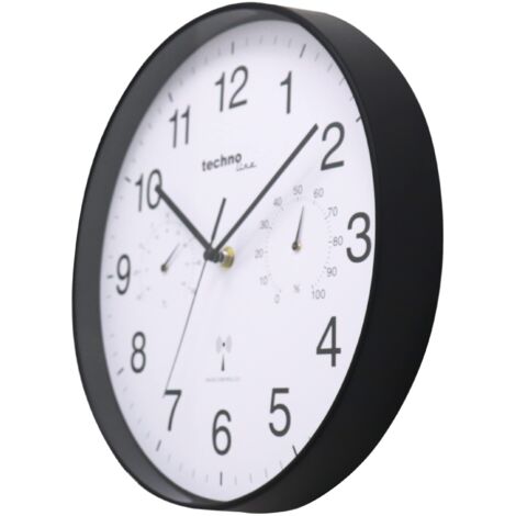 techno line WT8945 - Orologio da parete radio con indicatore di temperatura e umidità, 30 cm, colore: Nero