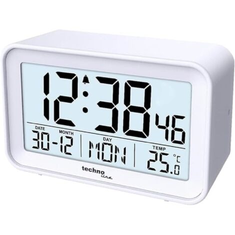 Technoline WT497 - Sveglia digitale moderna, temperatura interna, data, giorno della settimana, allarme e snooze, bianco