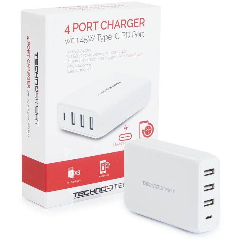 

cargador macbook pro, cargador macbook air USB C, adaptador con cuatro puertos de salida de USB A y USB C de 63 W - Technosmart