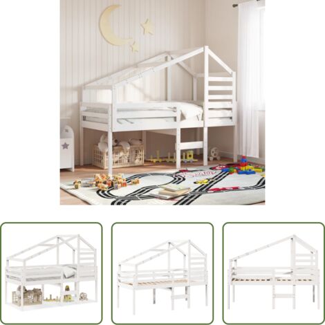 Techo de cama -  Cama alta con techo blanca madera maciza pino blanca 90x200 cm