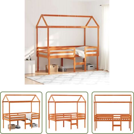 Techo de madera -  Cama alta con techo madera maciza de pino marrón cera 75x190 cm
