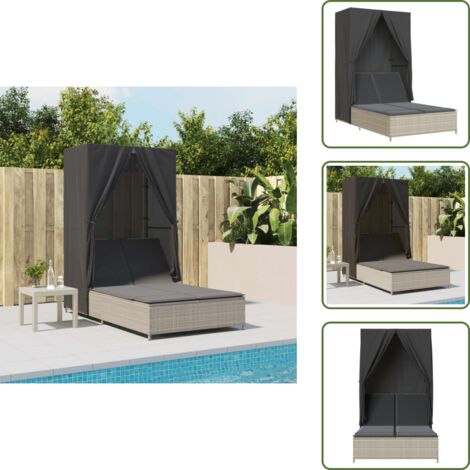 Techo exterior - vidaXL Tumbona doble con techo y cortinas ratán sintético gris claro - Cortinas sintéticas