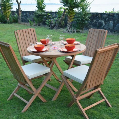 Teck'Attitude – Table pliante ronde en teck massif Adomée 90 cm – Pour 4 personnes – Style bistrot – Résistante aux intempéries
