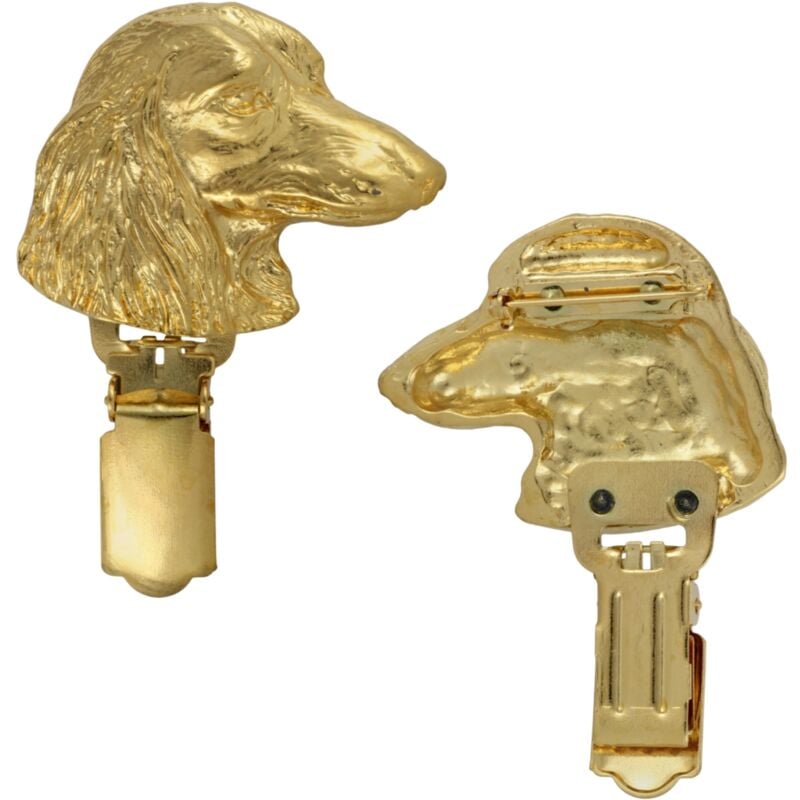 Teckel à poil long - broche avec clip, porte-numéro de départ plaqué or, badge noble pour une exposition canine par Art-Dog