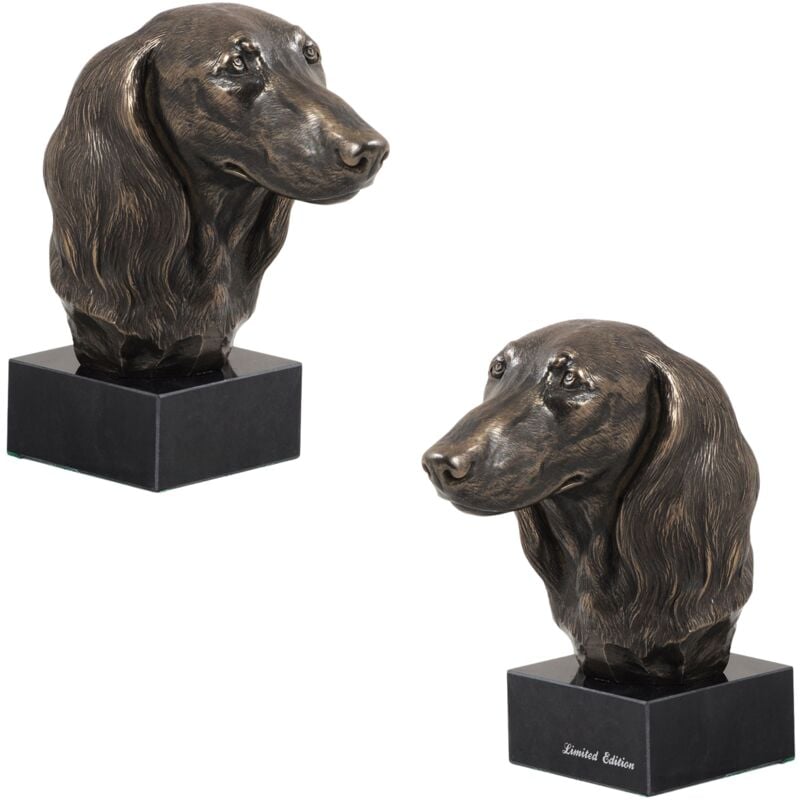 Teckel à poil long - statuette de chien, buste sur socle en pierre, sculpture, trophée pour une exposition canine par Art-Dog