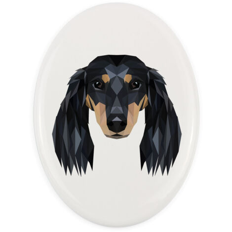 Teckel de pelo largo: placa con foto e inscripción geométrica de Art-Dog