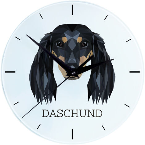 Teckel de pelo largo: reloj de pared geométrico con foto e inscripción de Art-Dog