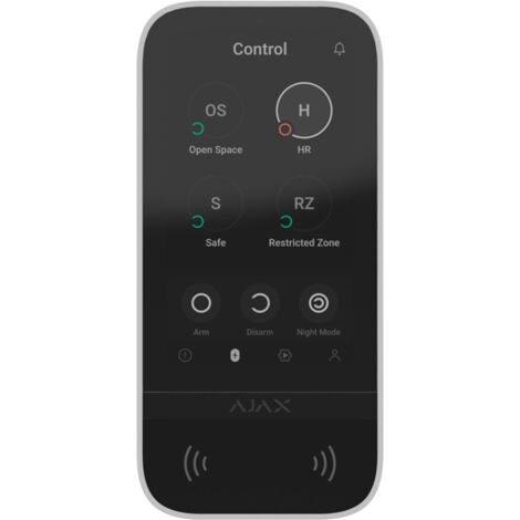 Teclado con pantalla IPS táctil y lector RFID - Armado/desarmado total o por grupos - Control de los escenarios de automatización - Autenticación: códigos, lector RFID o Bluetooth - Alimentación 6 pil
