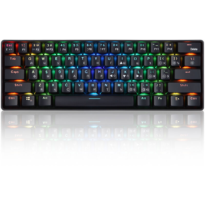 

Teclado mecanico de 61 teclas con cable USB 2.4G Teclado en ingles y ruso de modo dual inalambrico con interruptores rojos de efecto de luz RGB, Negro