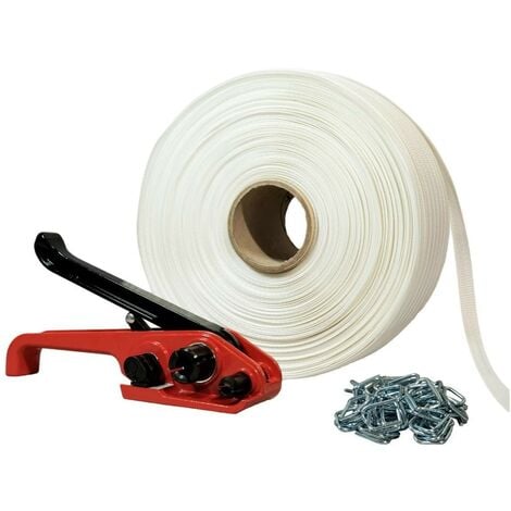 TECPLAST Kit 1 Feuillard de cerclage tressé KFT1 19 mm x 500 m + 250 boucles OFFERTES + 1 tendeur - Résistance 750kg