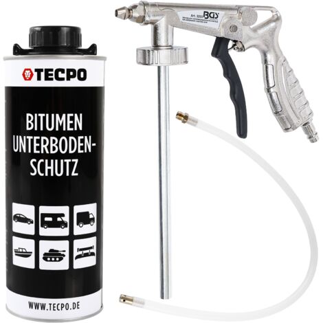 TECPO Bitumen Unterbodenschutz 1 Liter schwarz Steinschlagschutz UBS Autolack Rostmittel Korrosionsschutz mit Anti-Dröhn-Wirkung in Saugdose + BGS Sprühpistole