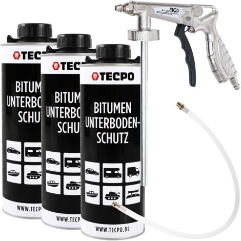 TECPO Bitumen Unterbodenschutz 3x Liter schwarz Steinschlagschutz UBS Autolack Rostmittel Korrosionsschutz mit Anti-Dröhn-Wirkung in Saugdose + BGS Sprühpistole