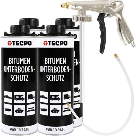 TECPO Bitumen Unterbodenschutz 4x Liter schwarz Steinschlagschutz UBS Autolack Rostmittel Korrosionsschutz mit Anti-Dröhn-Wirkung in Saugdose + Sprühpistole