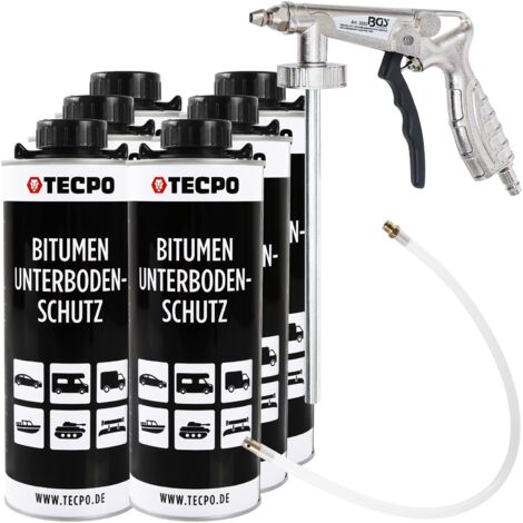 TECPO Bitumen Unterbodenschutz 6x Liter schwarz Steinschlagschutz UBS Autolack Rostmittel Korrosionsschutz mit Anti-Dröhn-Wirkung in Saugdose + BGS Sprühpistole