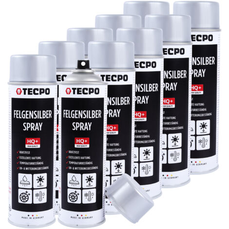 TECPO Felgensilber-Spray, 10x 500ml Felgensilber Spray schnell trockend Felgenlack auf Acrylbasis für Reparatur von Stahl und Leichtmetall