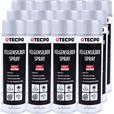 TECPO Felgensilber-Spray, 12x 500ml Felgensilber Spray schnell trockend Felgenlack auf Acrylbasis für Reparatur von Stahl und Leichtmetall