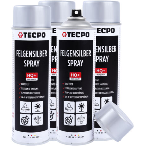 TECPO Felgensilber-Spray, 4x 500ml Felgensilber Spray schnell trockend Felgenlack auf Acrylbasis für Reparatur von Stahl und Leichtmetall